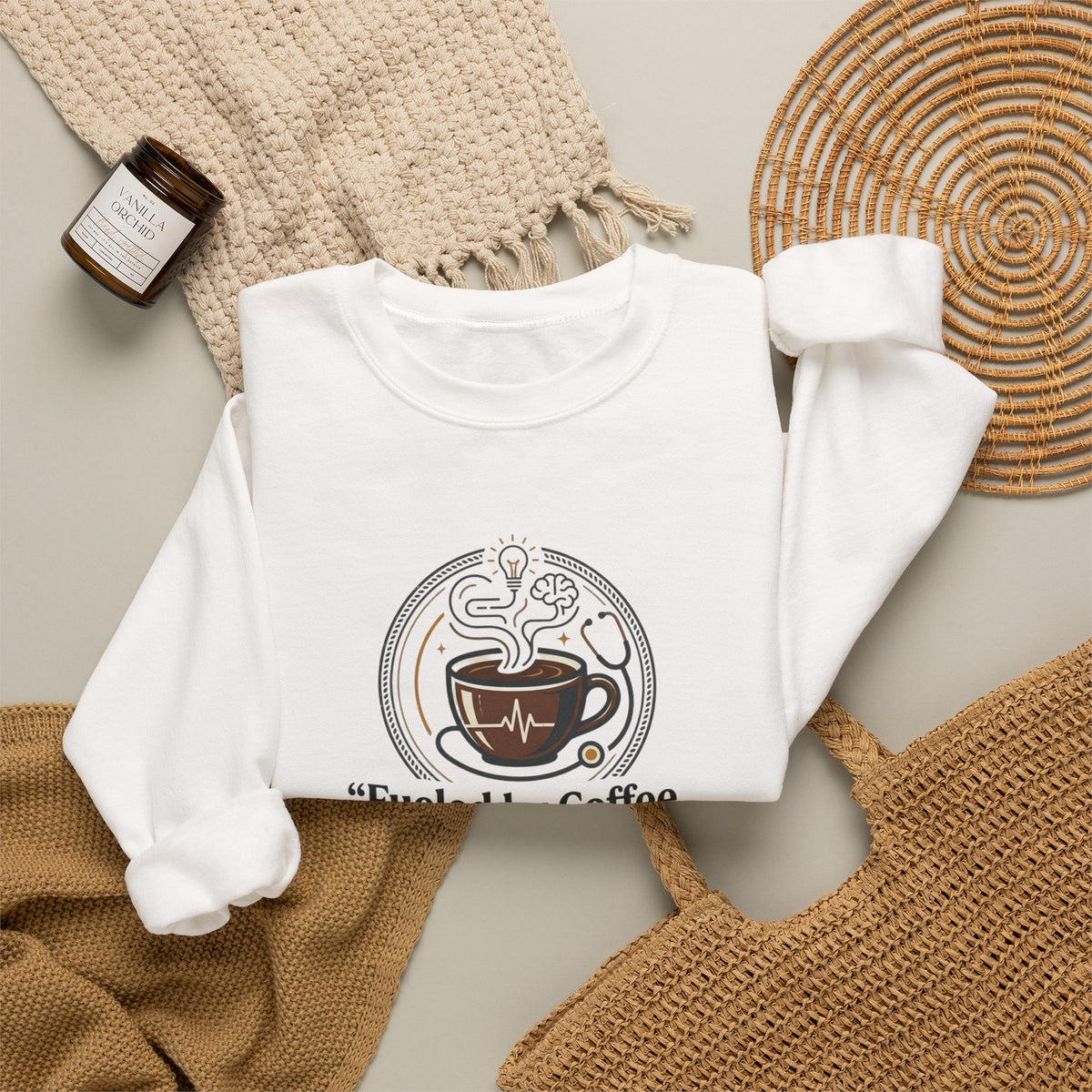 Crewneck Sweatshirt — "Fueled by Coffee & Clinical Reasoning" Medical Coffee Pullover
