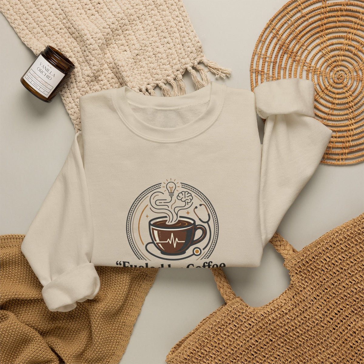Crewneck Sweatshirt — "Fueled by Coffee & Clinical Reasoning" Medical Coffee Pullover