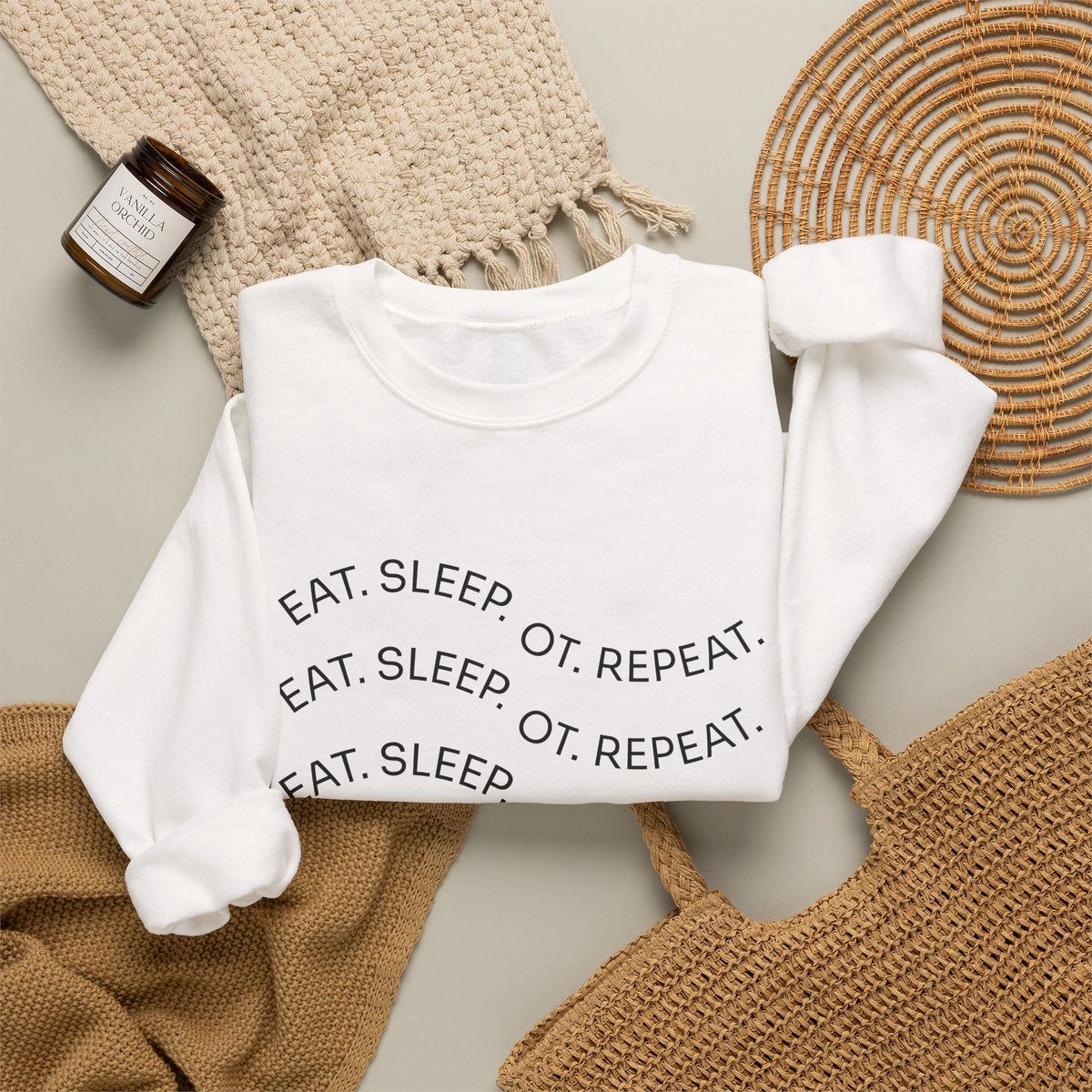 Crewneck Sweatshirt — "Eat. Sleep. OT. Repeat." Minimalist Comfort Tee